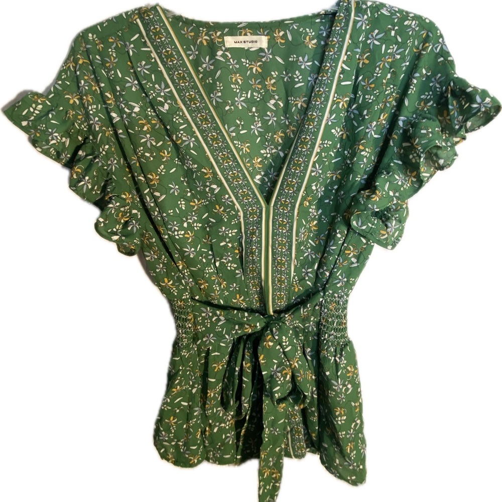 Green Floral Wrap Top